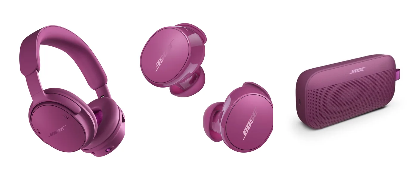 Kolekce Bose Rosewood Mauve: sluchátka QuietComfort Headphones, QuietComfort Earbuds a reproduktor SoundLink Flex
